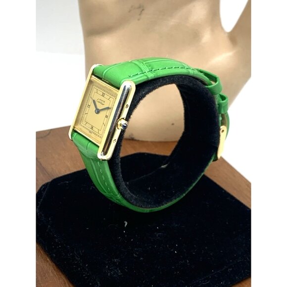 Cartier Must de Tank Women's Watch 366001 Swiss Quartz Gold Green Leather 21mm - Picture 2 of 12